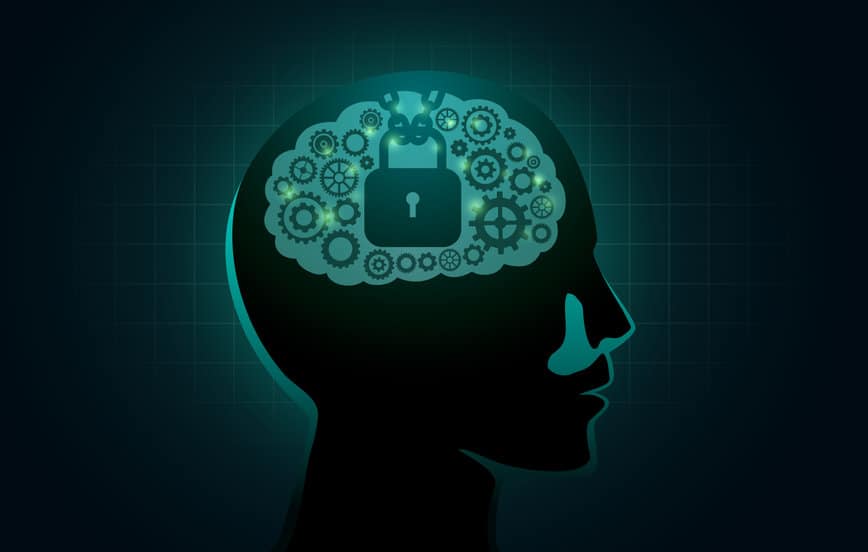 מוח האנושי עם מנעול ושרשרת - מסמל מודיעין עסקי בהתמודדות עם זיופים