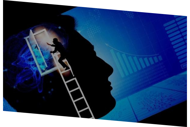פרופיל אדם בחושך על רקע כחול עם סולם לבן ואדם שעולה לתוך המוח שמצויר כחלון פתוח מייצג מודיעין עסקי כאחד משירותי חקירות מתקדמים מחברת עוגן