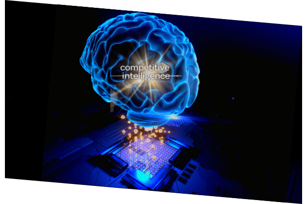 ציור של מוח עולה ממחשב עם כיתוב באנגלית - מודיעין תחרותי כאחד השירותים של משרד החקירות עוגן